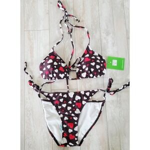 Beach Joy L Two Piece String Bikini Large Brown Red‎ Wht Hearts Pad Cups NWT